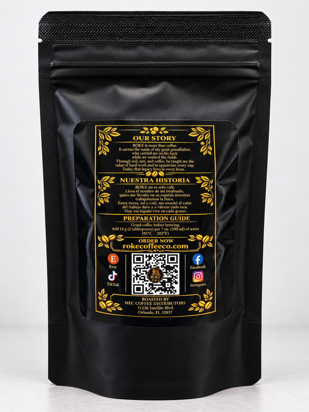 Back of a ROKE coffee bag with the family story in English and Spanish, preparation guide and QR code.
