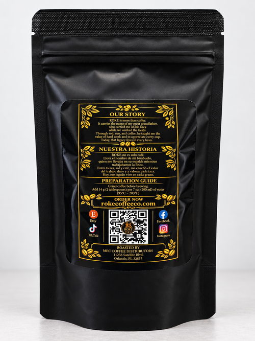 Back of a ROKE coffee bag with the family story in English and Spanish, preparation guide and QR code.