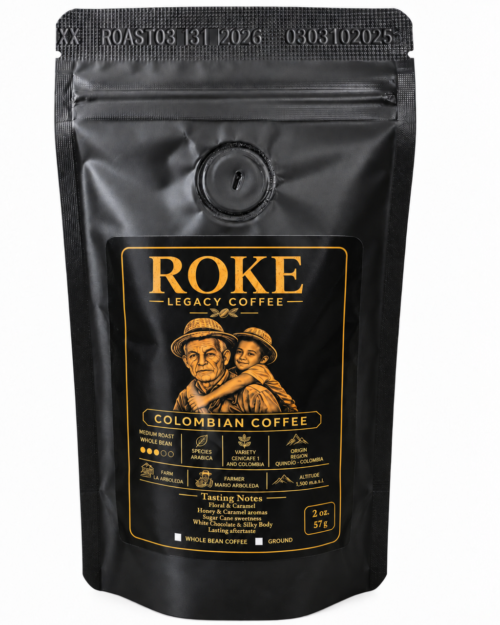 ROKE Legacy Coffee Medium Roast 2 oz / 57 g bag on a white background, with a black-and-gold label.